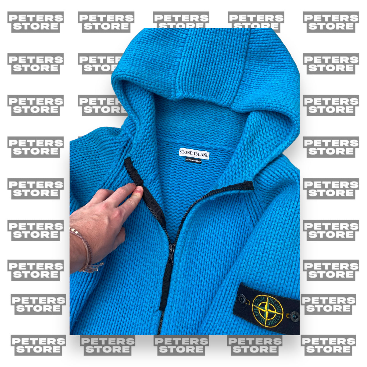 Stone Island Blue Knit Zip Up Jumper Hoodie